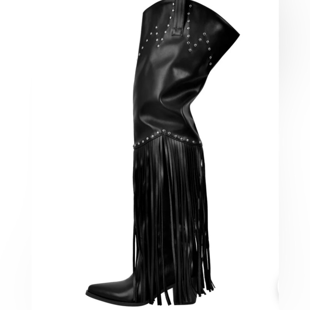 Thigh high fringe boots, faux leather, worn once